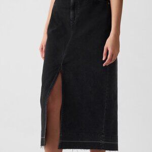 Raw hem denim midi skirt